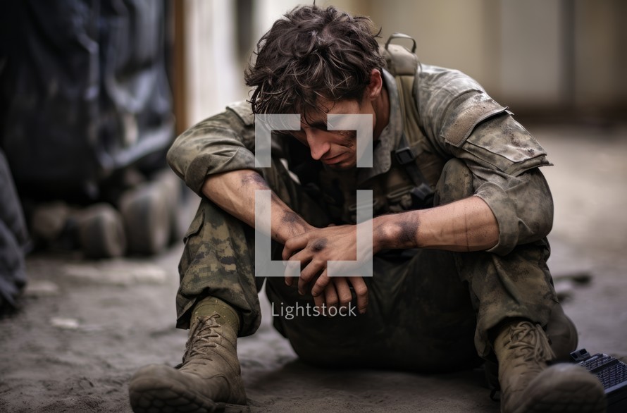 An exhausted male emergency doctor in military conditions in the Southern Territories, his pose reflecting despair and overwhelming fatigue