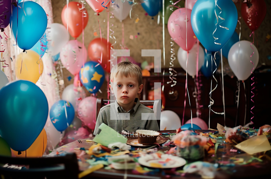 A 6-year-old child sits in a messy room after their birthday celebration. Deflating balloons, scattered gifts, and a slightly sad expression