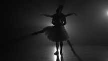 Romantic professional ballet pair practicing moves on dark stage