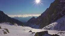 Panorama of alps mountain valley in sunny winter day in beautiful nature 4K
