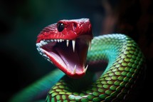 The original sin. Close-up of a green snake with open mouth and sharp teeth