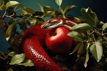 The original sin, the forbidden fruit. Red snake with the apple 