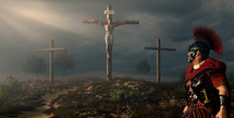 Jesus on the cross. Roman centurion looks at him. Easter or Resurrection concept. He is Risen