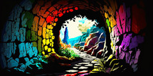 Abstract painting concept. Colorful art ofa path way through a tunnel.
