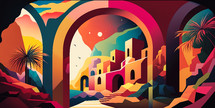 Abstract painting concept. Colorful art of a small arabic town through a stone arch.