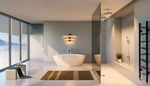 Interior architecture concept. Minimalist modern bathroom view of a winter landscape