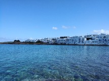 view of white buildings on a Greek island 