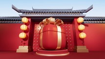 Gift box with Chinese ancient building background, 3d rendering.
