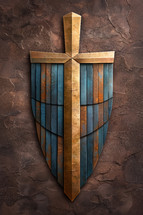 Powerful image representing the Armor of God, featuring a metallic shield with a cross design against a rugged background. Ideal for religious themes and spiritual messages.