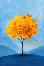 Captivating autumn event poster featuring a vibrant tree with golden yellow and orange leaves against a serene blue background. Perfect for fall celebrations and seasonal promotions.