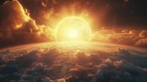 Dramatic portrayal of Earth's creation, with clouds under a radiant, celestial glow that captures the essence of "Let there be light" from Genesis.