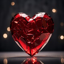 Red broken heart made of glass on a dark background