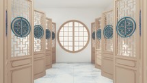 Pass through the window of Chinese style room, 3d rendering.
