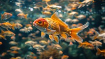 Beautiful Goldfish swimming in the water. Underwater world.