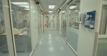 Scientists walking in halls of a pharmaceutical lab