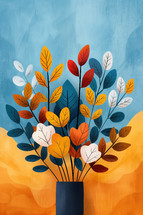 Charming autumn event poster featuring a vase with colorful leaves in shades of orange, yellow, red, and blue, set against a textured blue background.