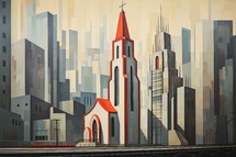 Church on the background of the city. Illustration in retro style