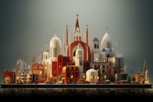 Fantasy Church and city with buildings and skyscrapers. 3d render