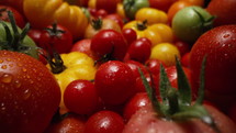 Extreme macro tomatoes variety background. Fresh food, ripe raw organic vegetable harvest. 