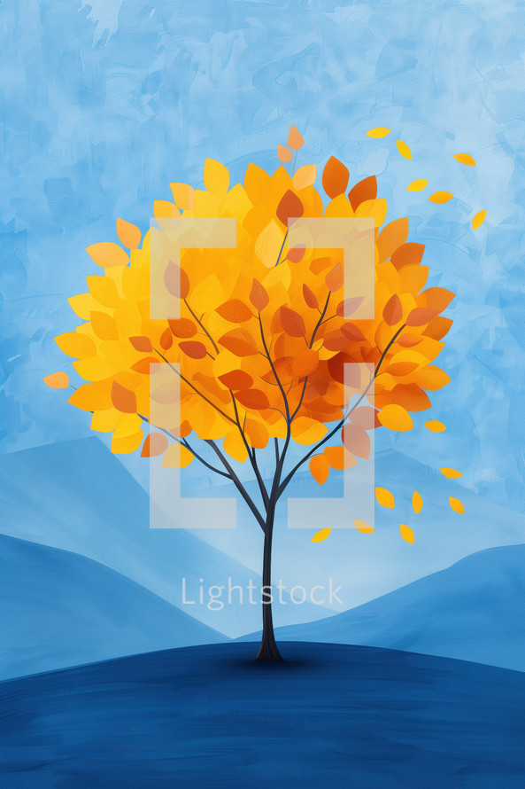 Captivating autumn event poster featuring a vibrant tree with golden yellow and orange leaves against a serene blue background. Perfect for fall celebrations and seasonal promotions.