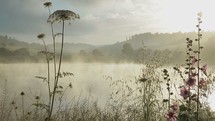 Fog rises from a small lake in the morning with sun behind