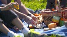 A family with 4 children having a picnic outdoors on a green hill in the sun