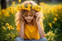 An 8-year-old girl with dandelions in her hair creates a wreath while sitting in a field