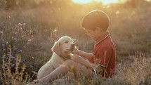 Cute little boy talking with golden retriever puppy on countryside nature background. Golden hour, sunset light. Child stroking dog. Happy lovely pet, new member of family. High quality 4k footage