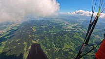 High Paragliding flying adventure in the cluods sky above green countryside
