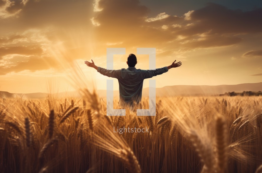 A man standing in a wheat field at sunset, viewed from behind, in a serene and picturesque moment