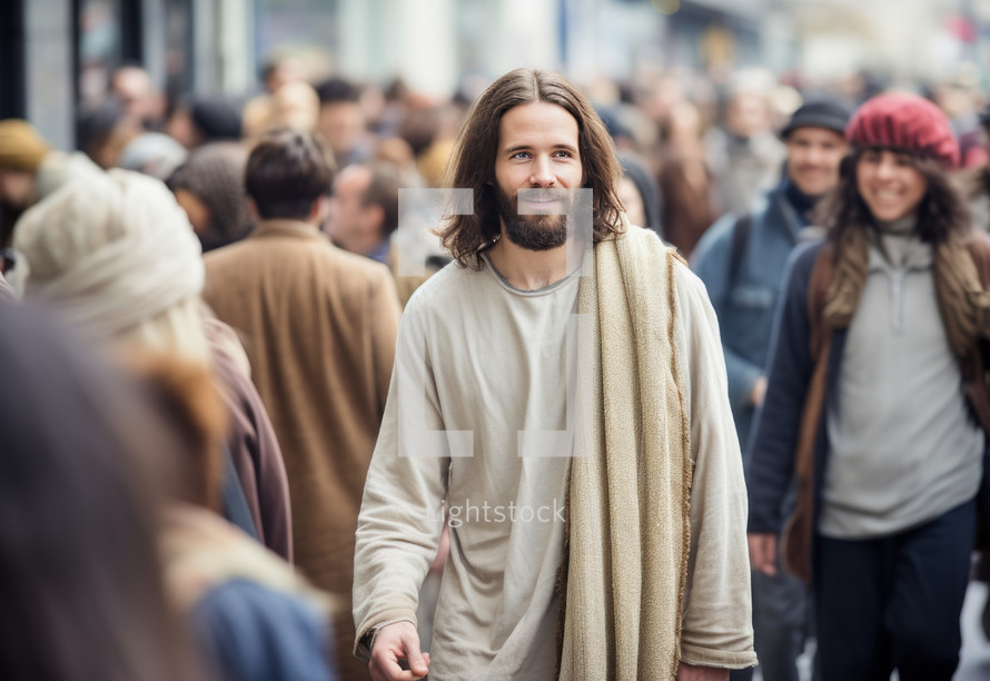 A blurry cityscape reminiscent of New York with a bustling crowd. Among them, Jesus Christ stands, deep in thought