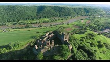 aerial view over castle ruins 
