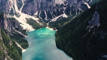 aerial view over a mountain lake 