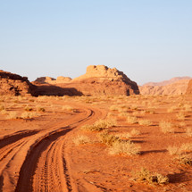tire tracks in a desert landscape 