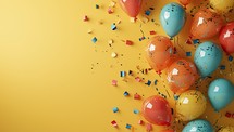 Colorful balloons and confetti on yellow background