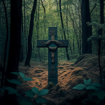 Ornate cross in the woods