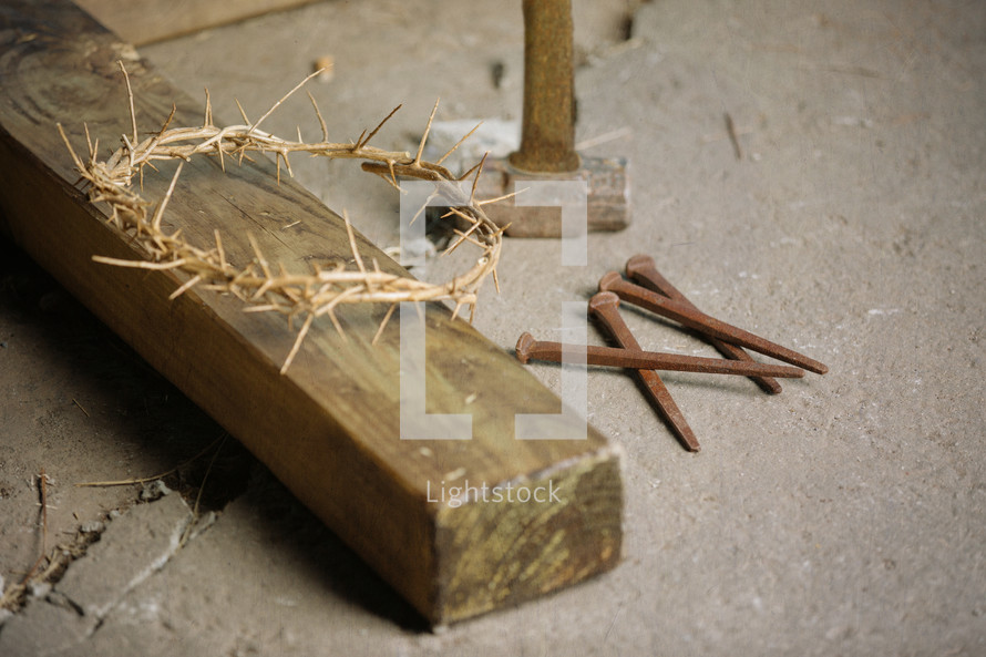 crown of thorns, nails, cross