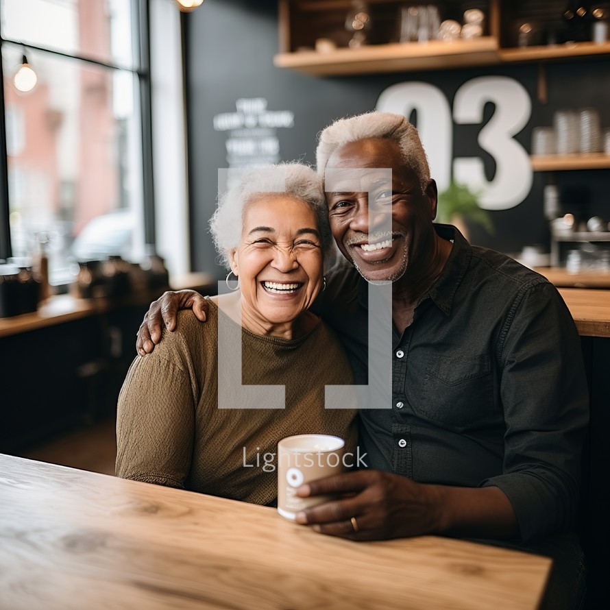 An elderly interracial couple savoring a coffee date in a cozy cafe