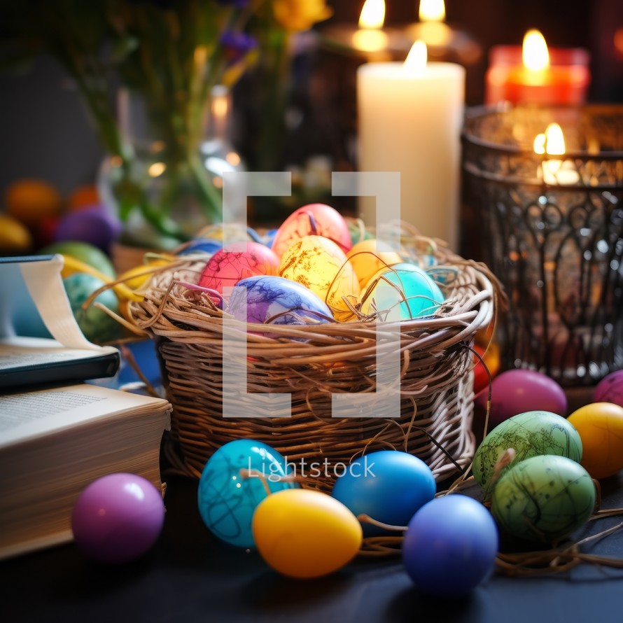 Vibrant Easter eggs rest in a woven basket on a table beside a lit church candle.