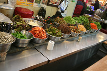 vegetables in bowls in a restaurant in Korea 