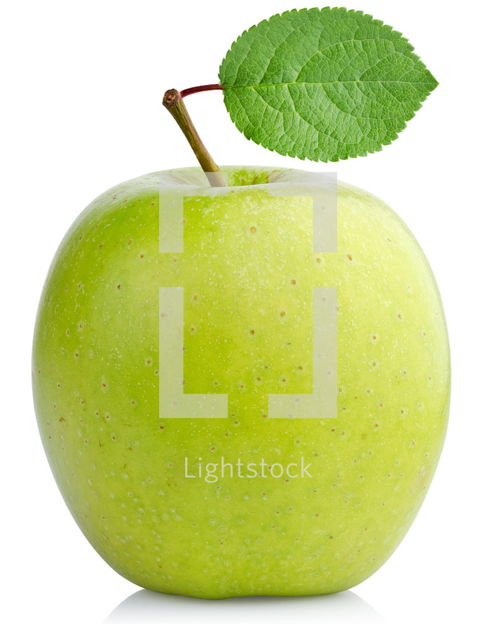 green apple with leaf closeup, isolated on white background with clipping path