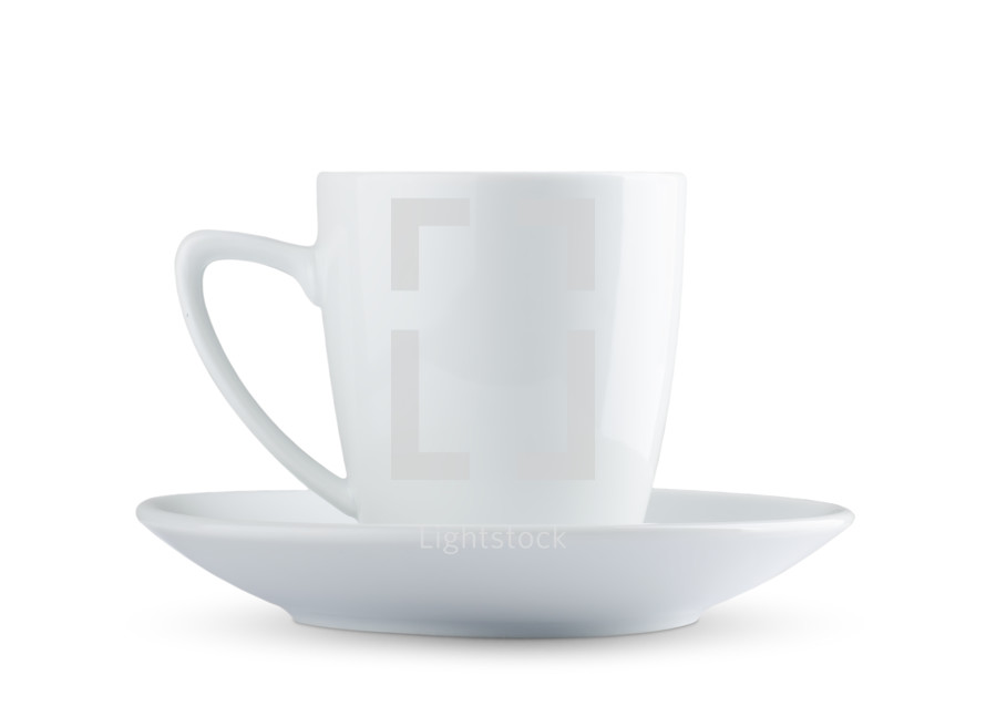 a white cup and saucer and a white background 
