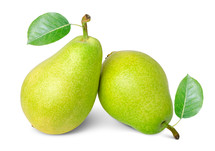 ripe pears with leafs isolated on white background