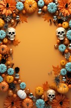 Halloween background with pumpkins and autumn leaves. 3d illustration