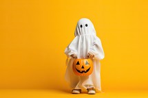 Happy Halloween. Funny little boy in white costume with pumpkin on yellow background