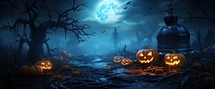 Halloween background with pumpkins, spooky trees and full moon