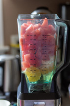 blender filled with lemons and watermelon