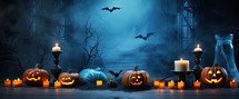 Halloween background with pumpkins, candles and bats. 3D rendering