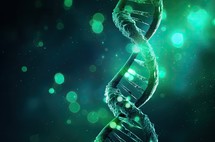 DNA molecule background as biochemistry science concept with green light bokeh