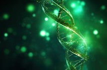 3D illustration DNA helix structure with green light bokeh background